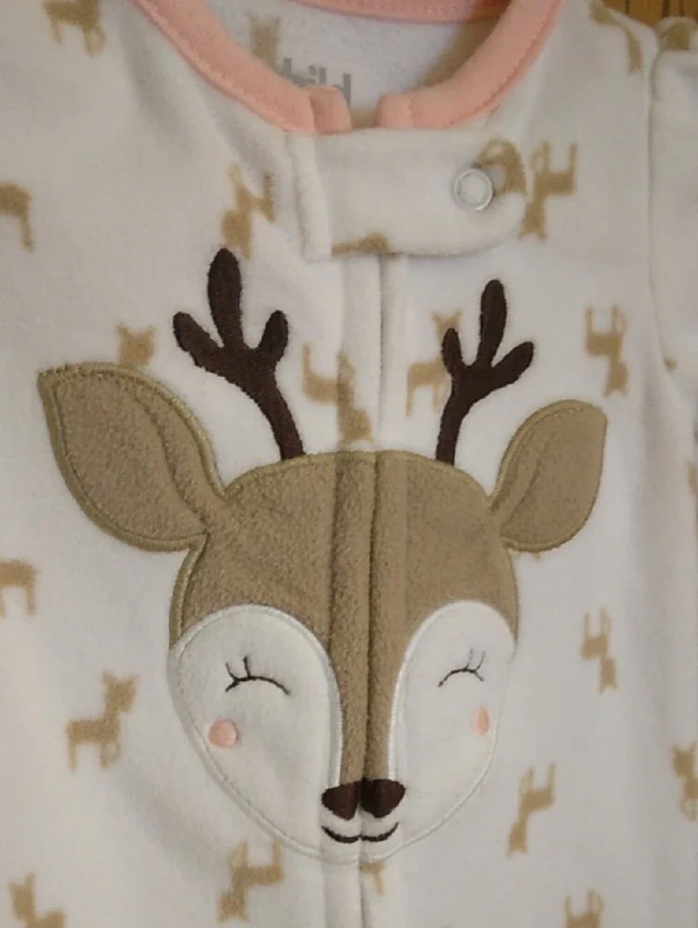 child of mine By Carters Cream Fleece Deer Footed One-Piece with Pink Trim